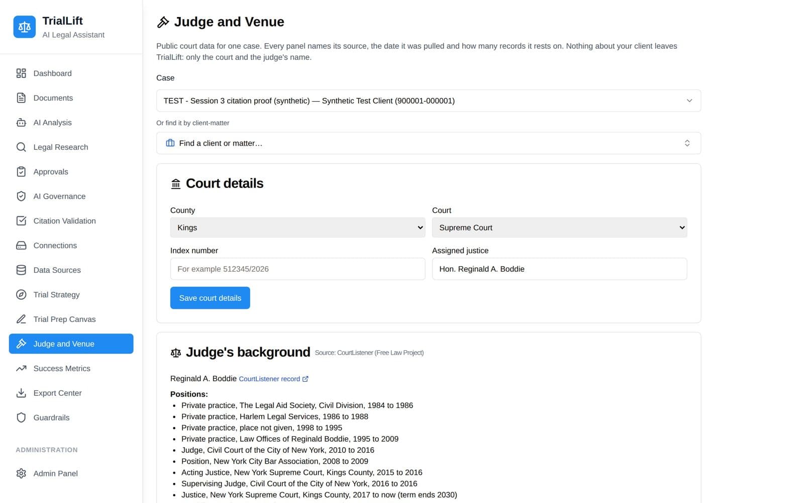 Judge and Venue screen in TrialLift