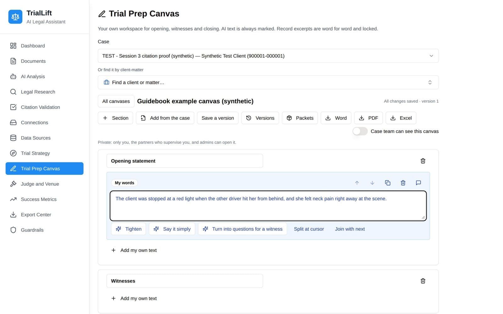 The Trial Prep Canvas: an opening statement being written, with tools to tighten it or turn it into witness questions.