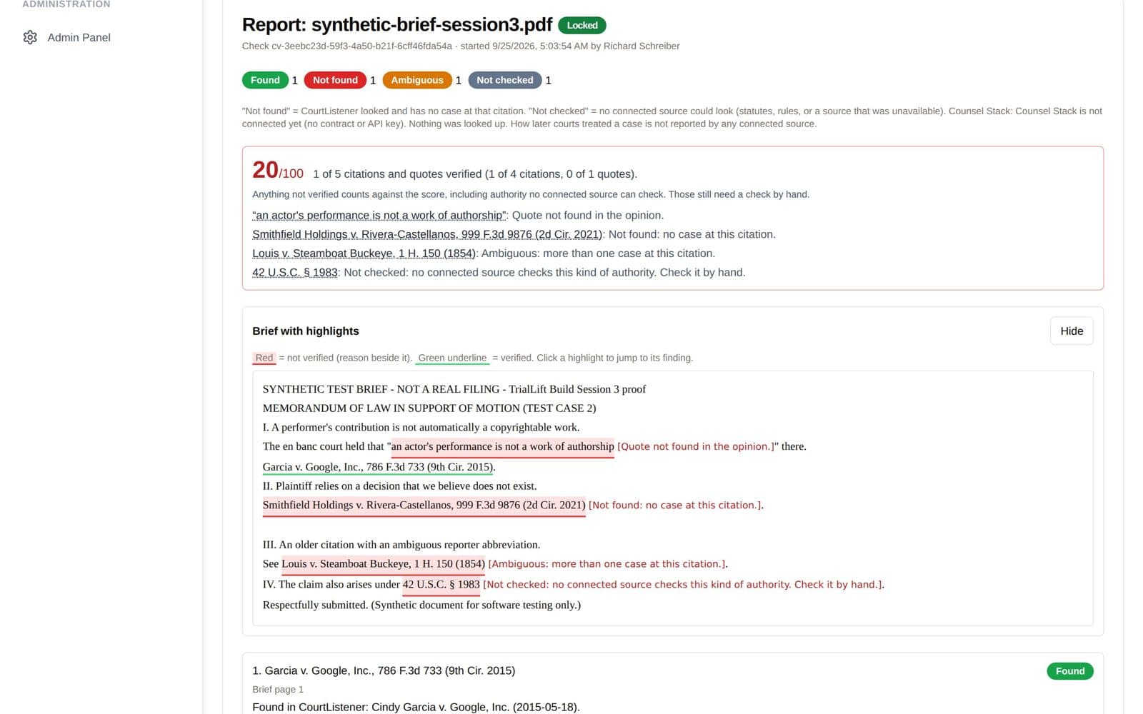 Citation Validation screen in TrialLift